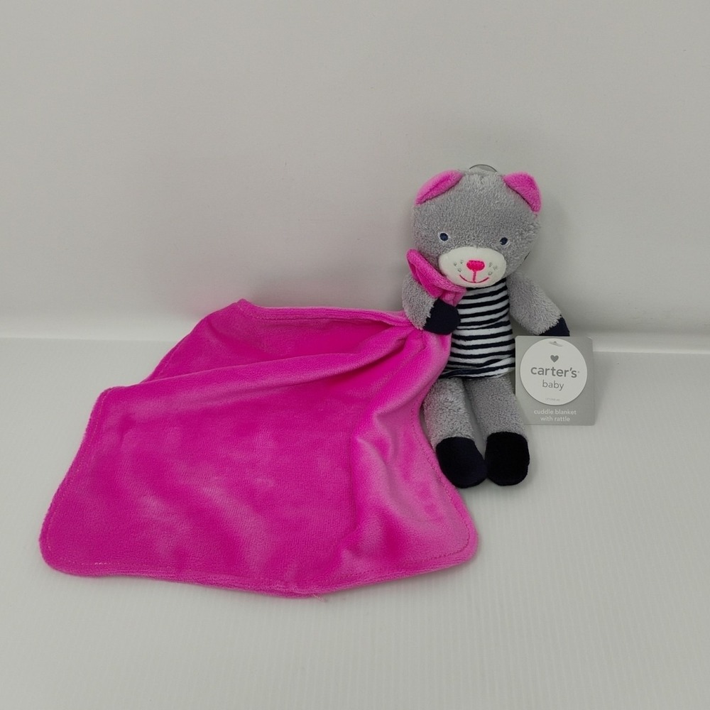 Carters Cuddle Blanket Plush Kitty Cat Pink Gray‎ Navy Baby Lovey w Rattle 2013